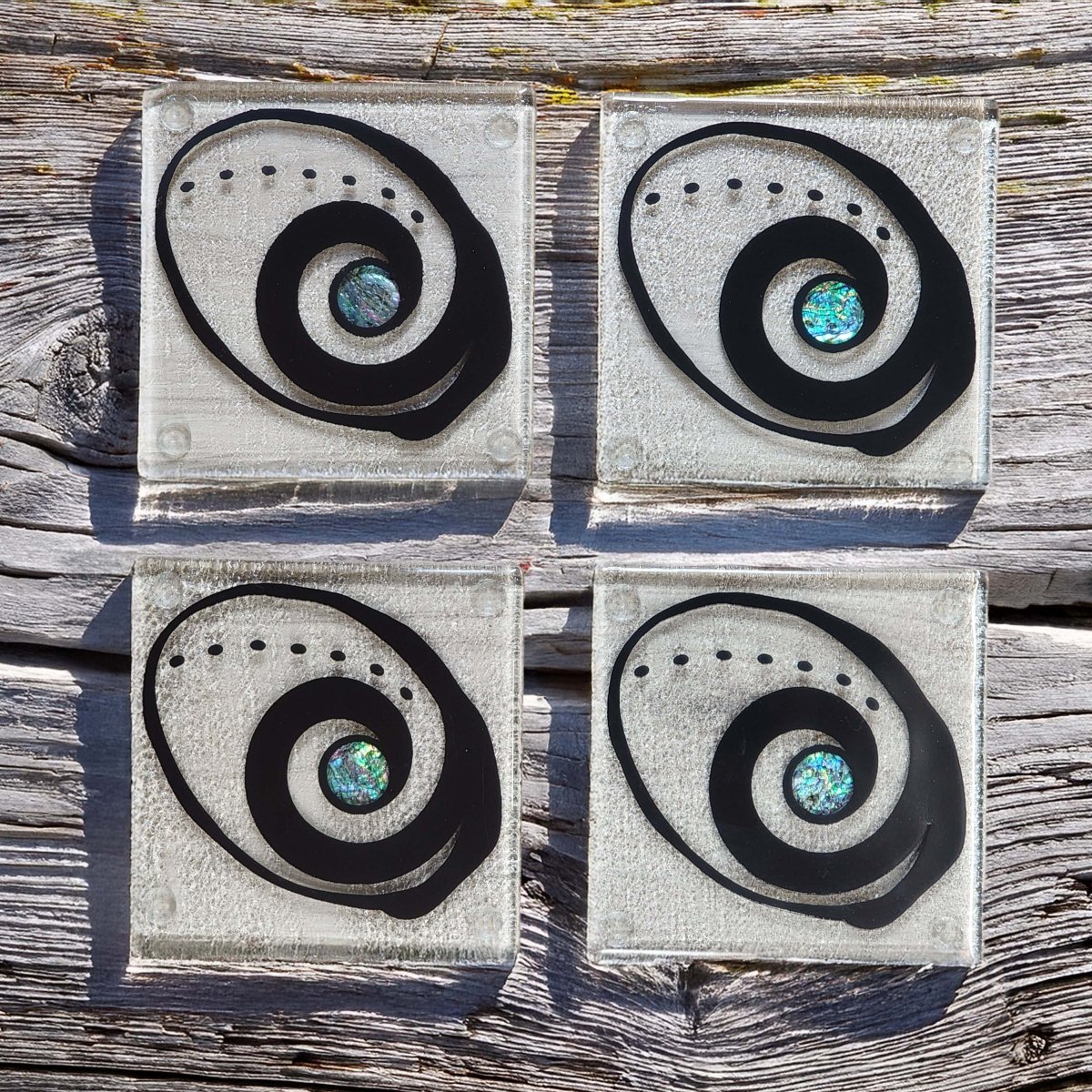 NZ Made Glass Coasters Paua Shell - Blk - 4Pk w/stand4 - Fiery Creations Ltd