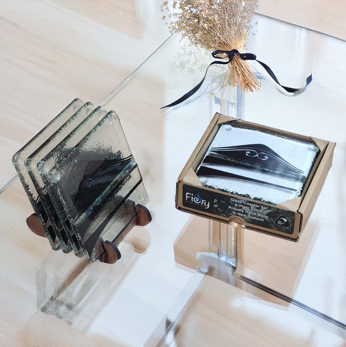 NZ Made Glass Coasters Paua Te Maunga - Blk - 4Pk w/stand4 - Fiery Creations Ltd