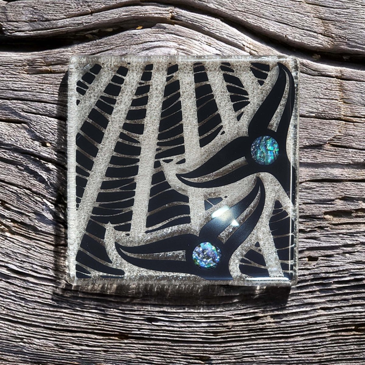 NZ Made Glass Coasters Paua Whale Tail - Blk - 4Pk w/stand4 - Fiery Creations Ltd