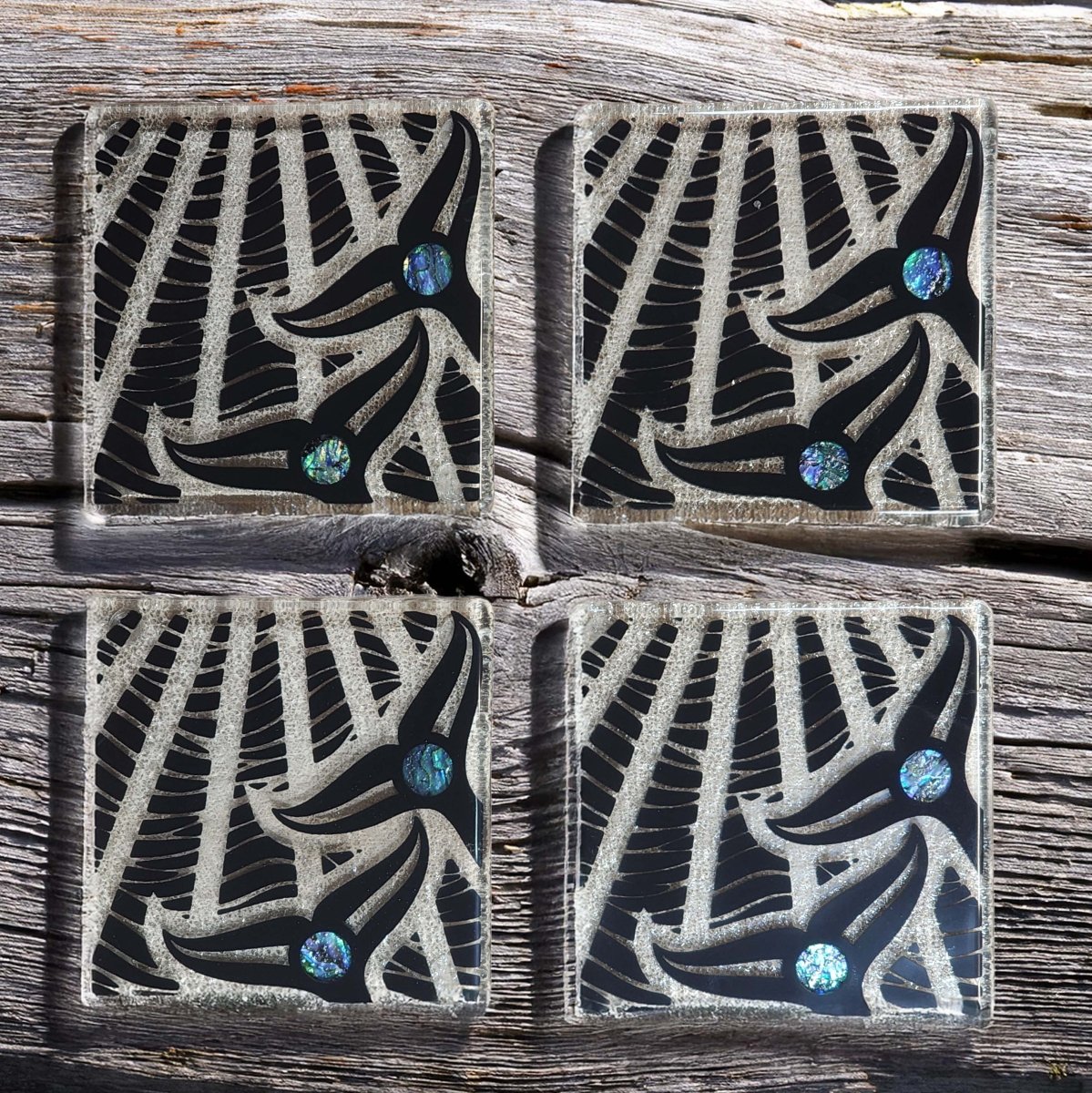 NZ Made Glass Coasters Paua Whale Tail - Blk - 4Pk w/stand4 - Fiery Creations Ltd