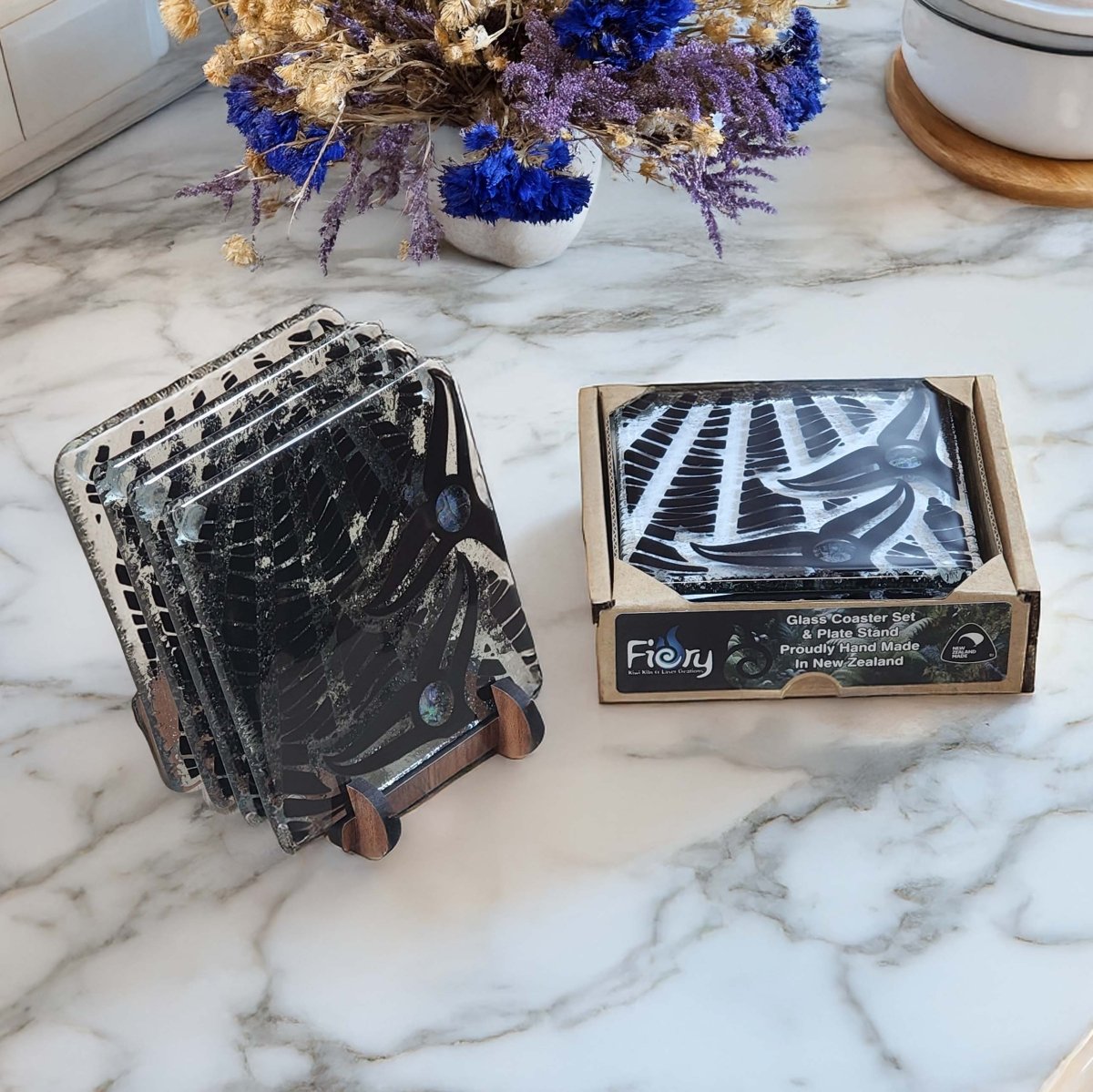 NZ Made Glass Coasters Paua Whale Tail - Blk - 4Pk w/stand4 - Fiery Creations Ltd