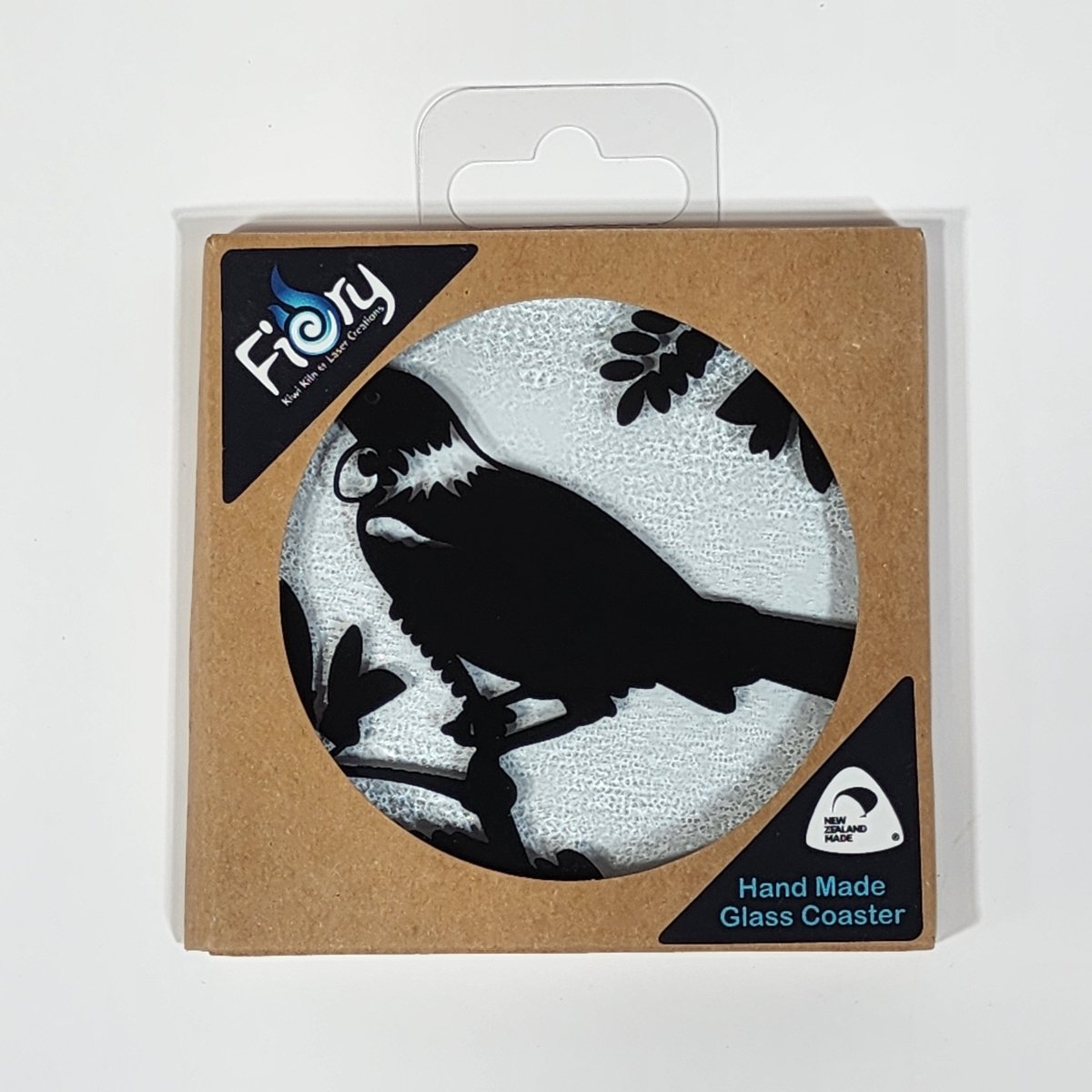 NZ Made Glass Coasters Tui - Single in display box - Fiery Creations Ltd