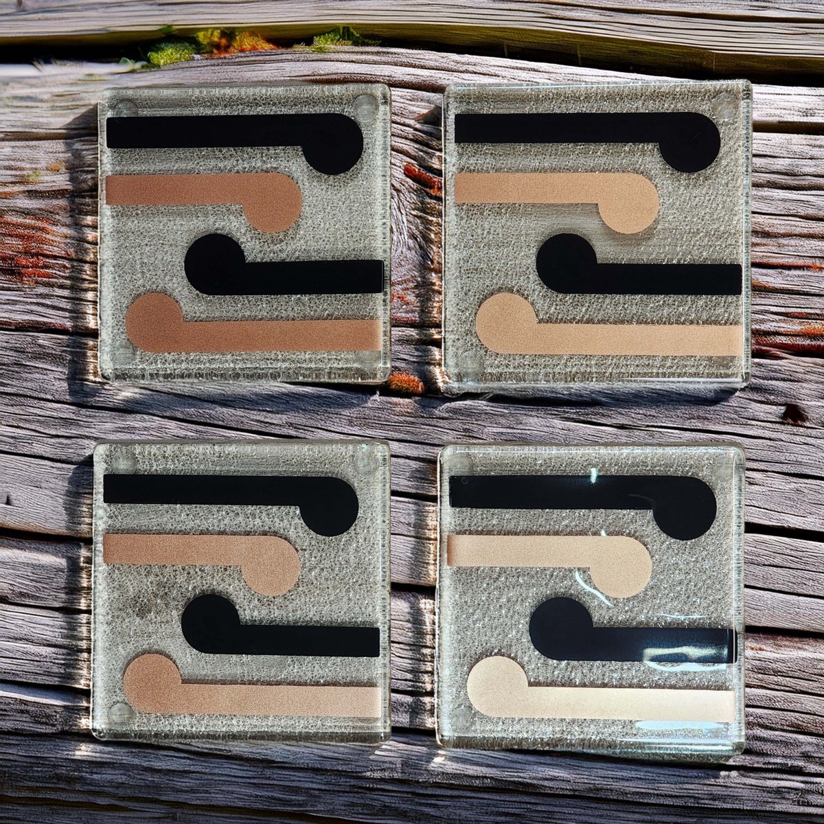 NZ Made Glass Coasters Two Winds - Blk/Copper - 4Pk w/stand4 - Fiery Creations Ltd