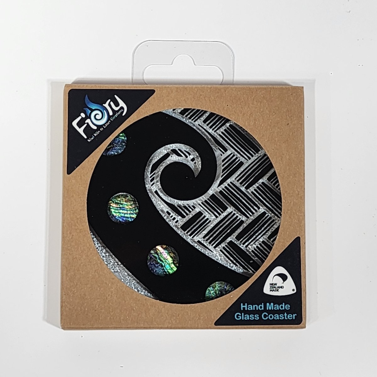 NZ Made Glass Paua Coaster Koru Kete - Single in display box - Fiery Creations Ltd