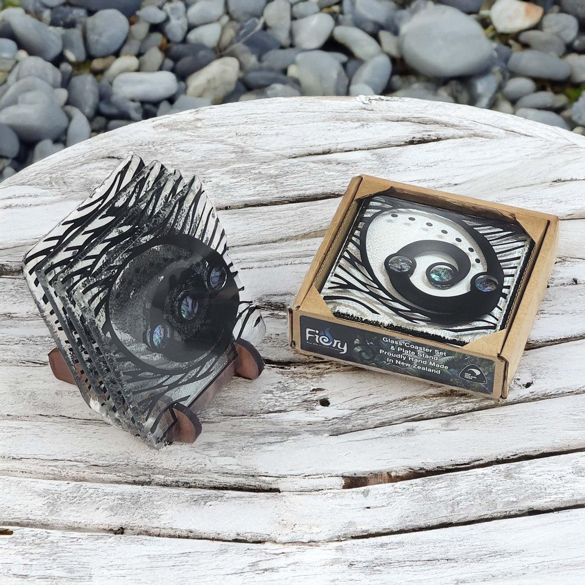 NZ Made Glass Paua Coasters Ocean Paua - Blk - 4Pk w/stand - Fiery Creations Ltd