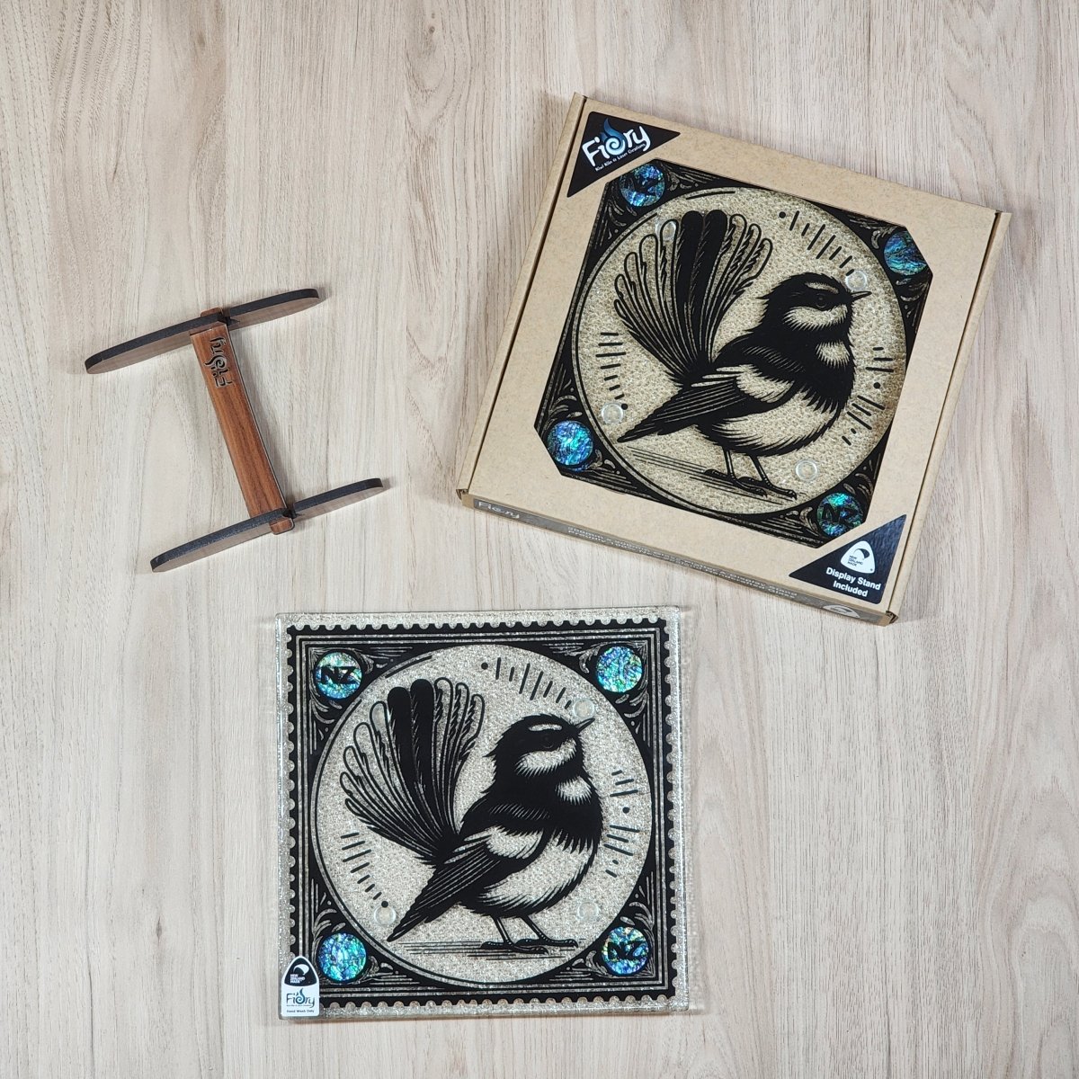 NZ Made Glass Paua Platter/Plate - Stamped Fantail Piwakawaka - w/stand - Fiery Creations Ltd