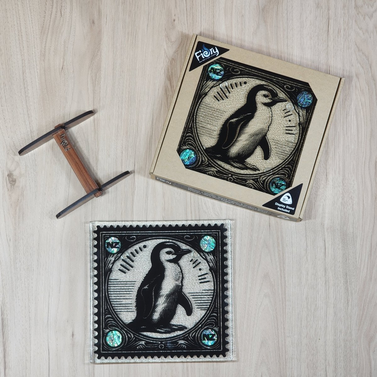 NZ Made Glass Paua Platter/Plate - Stamped Little Penguin - w/stand - Fiery Creations Ltd