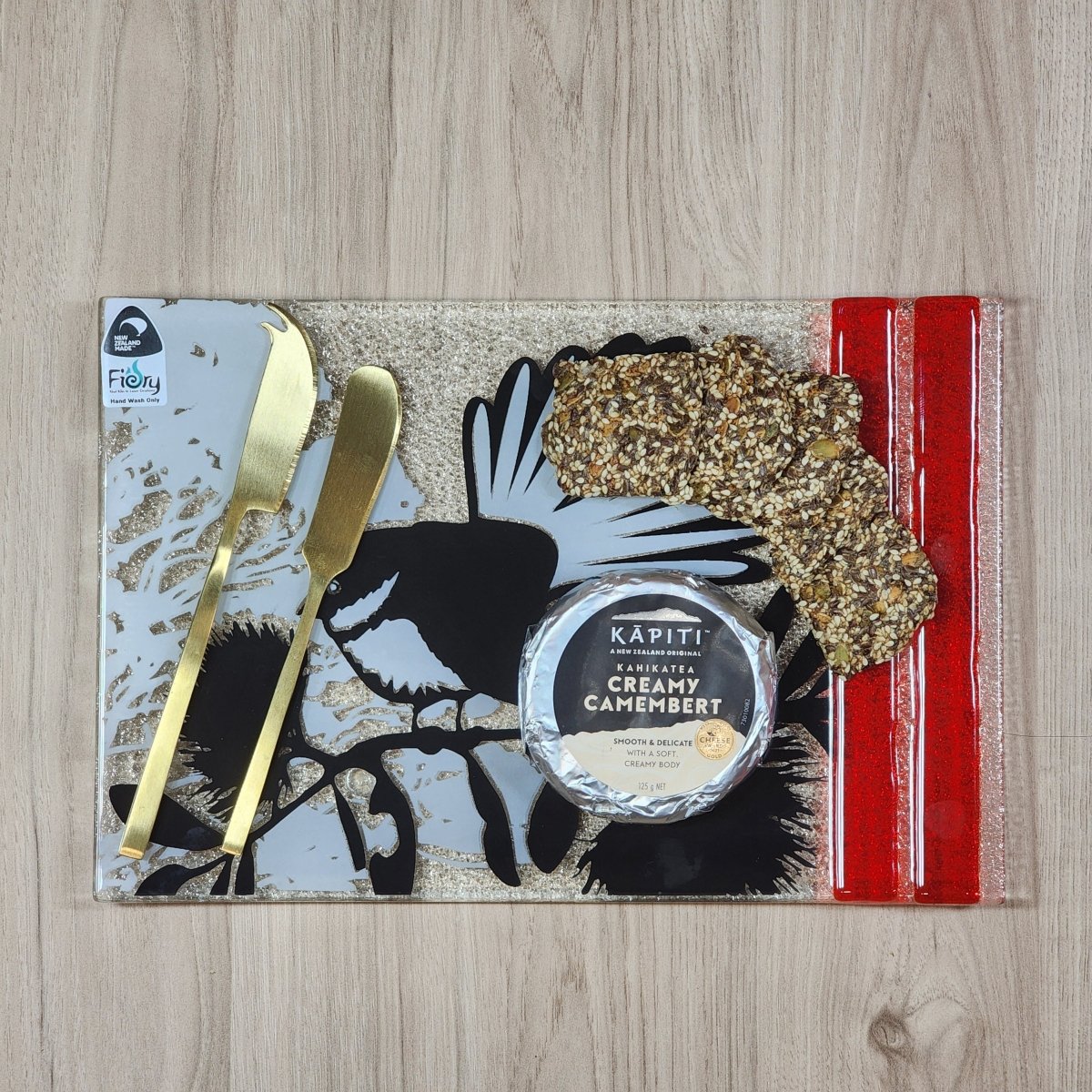 NZ Made Glass Platter/Plate - Native Fantail Piwakawaka/Pohutukawa - Blk/Wht/Red w/stand - Fiery Creations Ltd