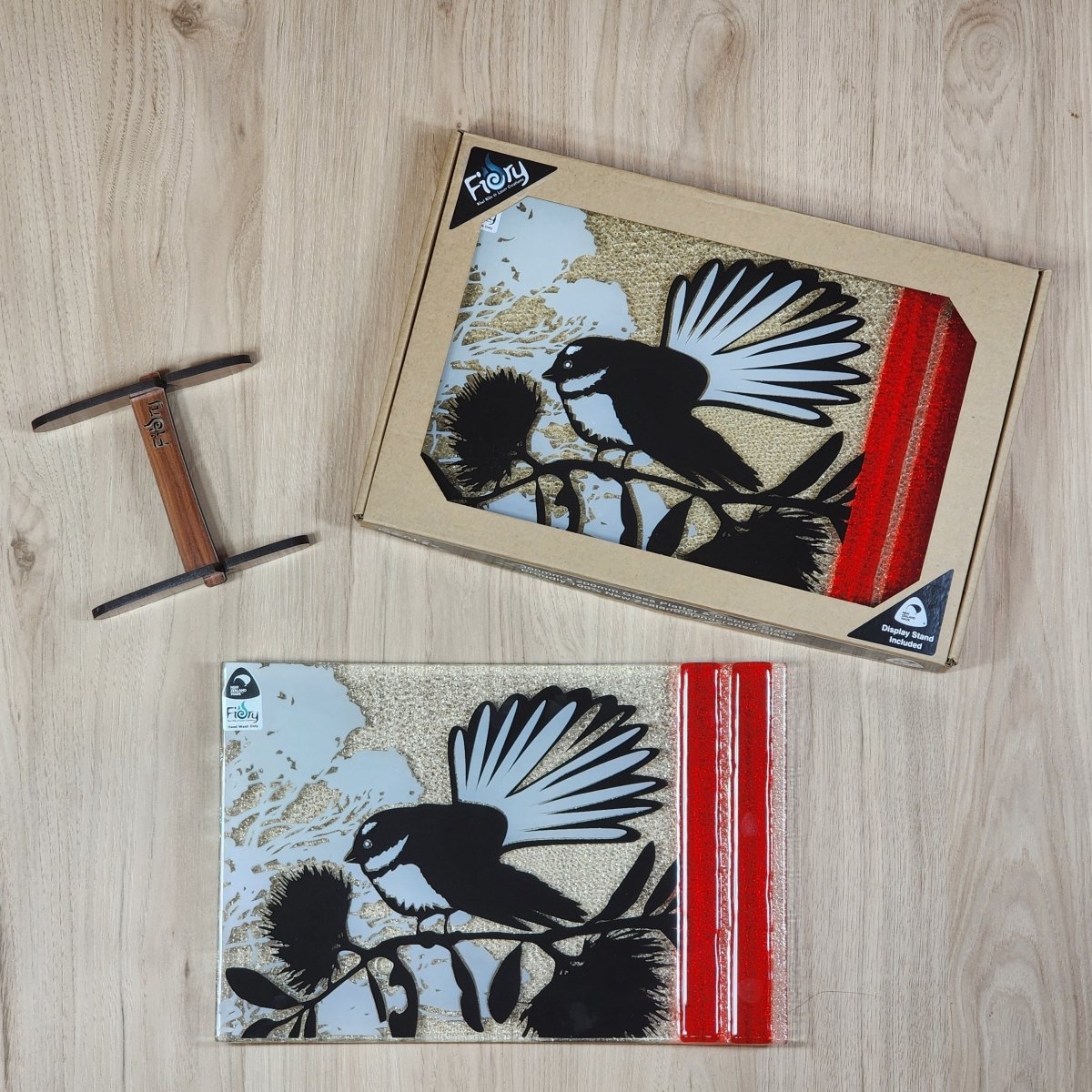 NZ Made Glass Platter/Plate - Native Fantail Piwakawaka/Pohutukawa - Blk/Wht/Red w/stand - Fiery Creations Ltd