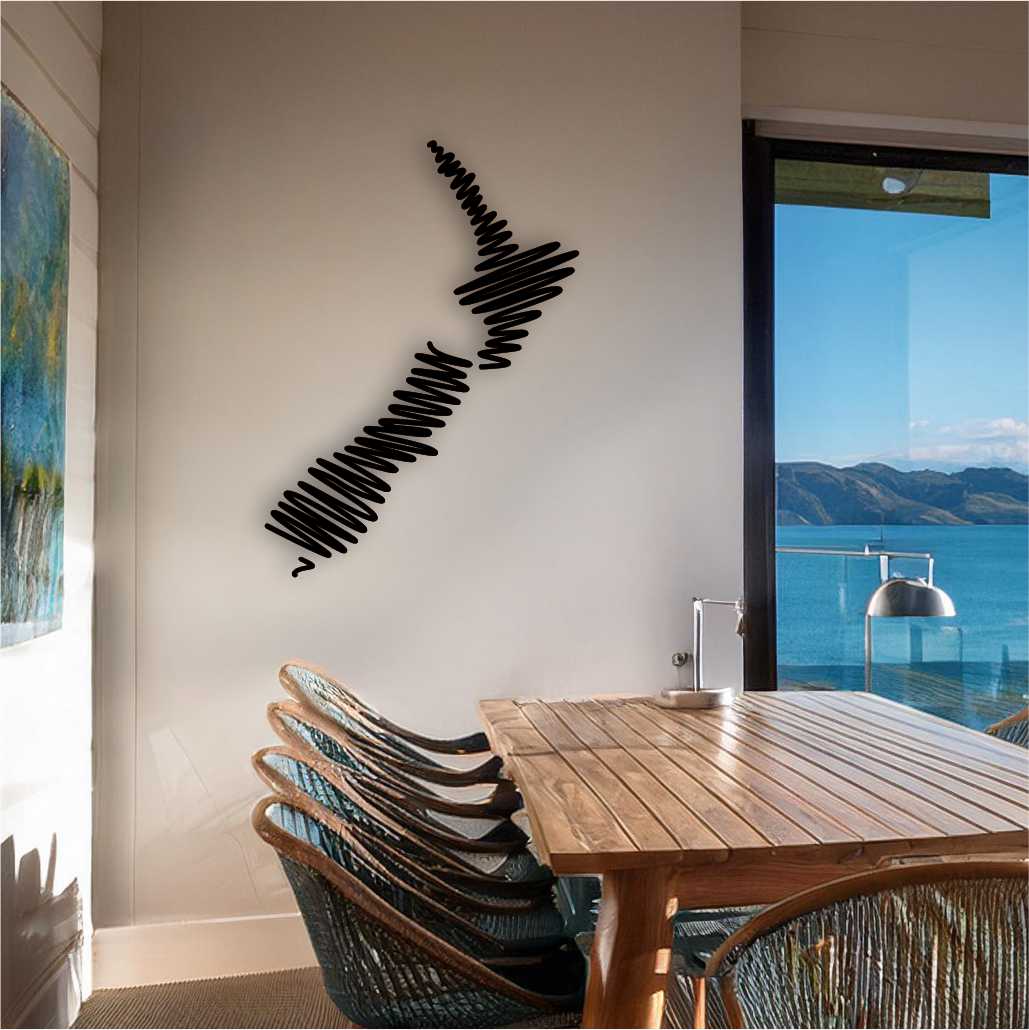 NZ Squiggle Map Wall Art Satin Black - Fiery Creations Ltd