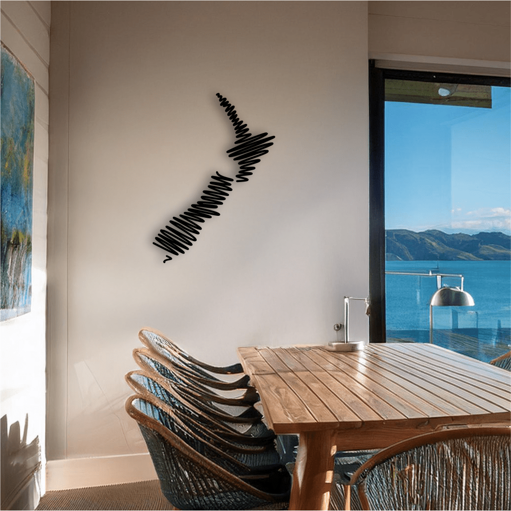 NZ Squiggle Map Wall Art Satin Black - Large 800mm x 600mm - Fiery Creations Ltd