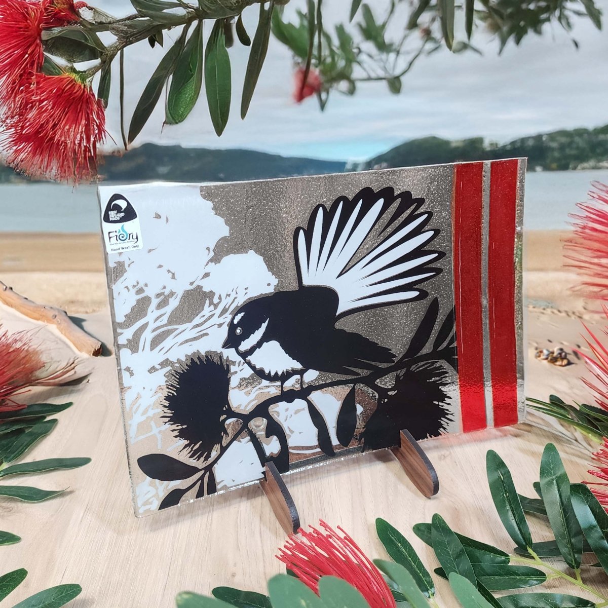 Piwakawaka and the Pohutukawa - Medium Rectangle 300x200mm w/stand - Fiery Creations Ltd