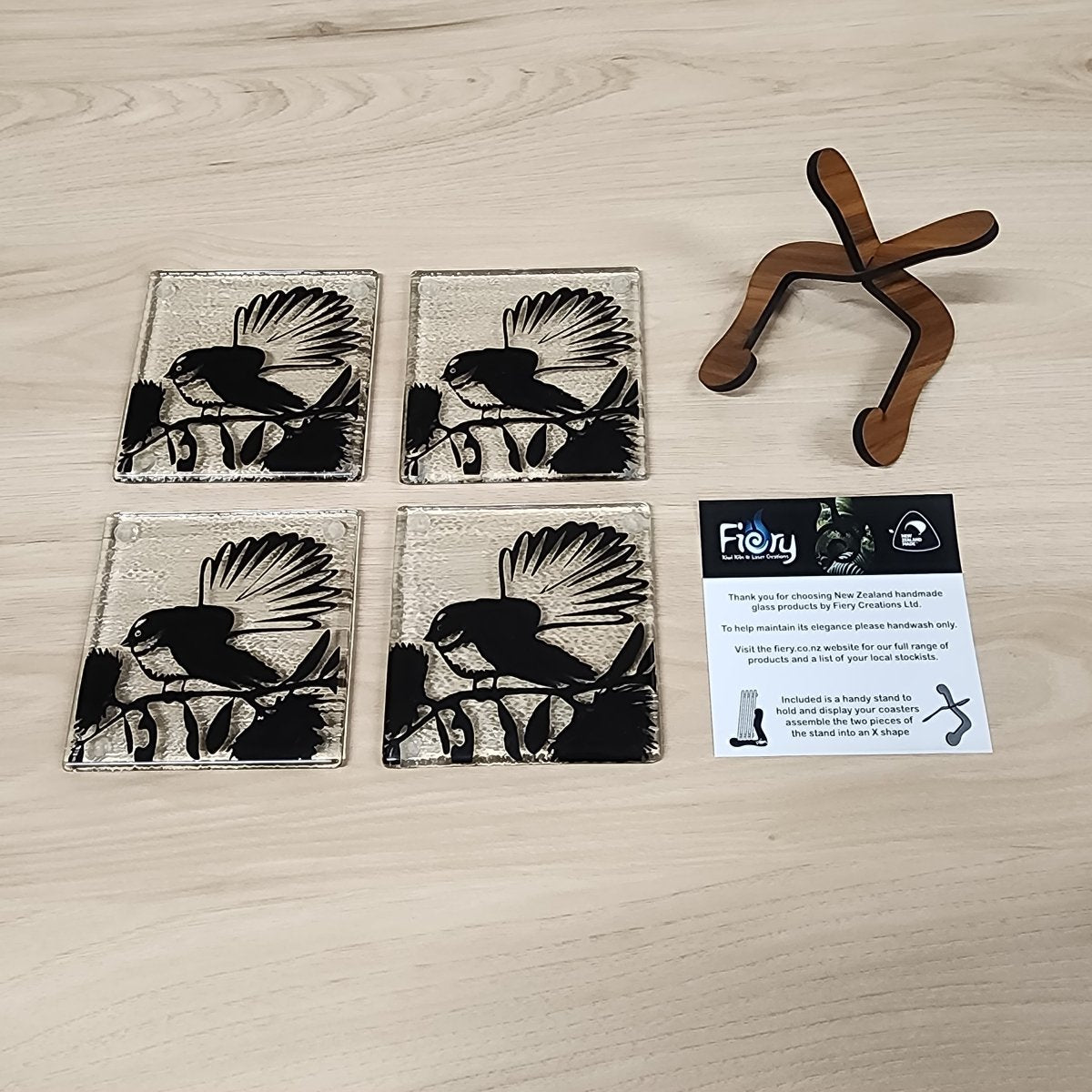 Piwakawaka Glass Coasters - Pack of 4 - Fiery Creations Ltd