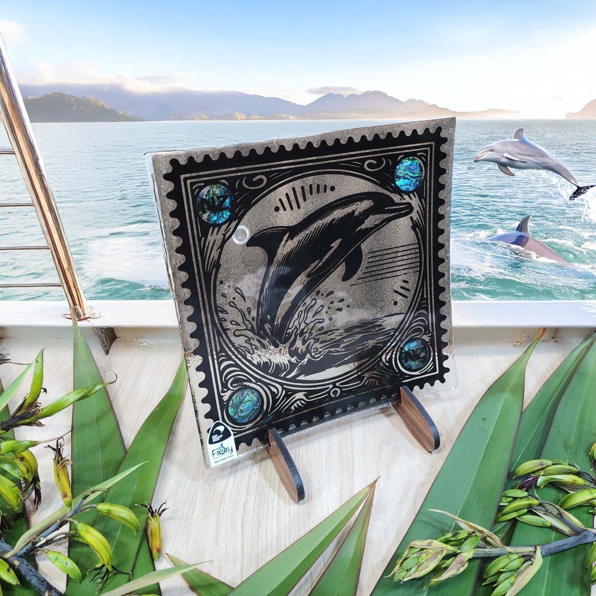 Stamp Range - Dolphin w/Paua Medium Square 200x200mm - Fiery Creations Ltd