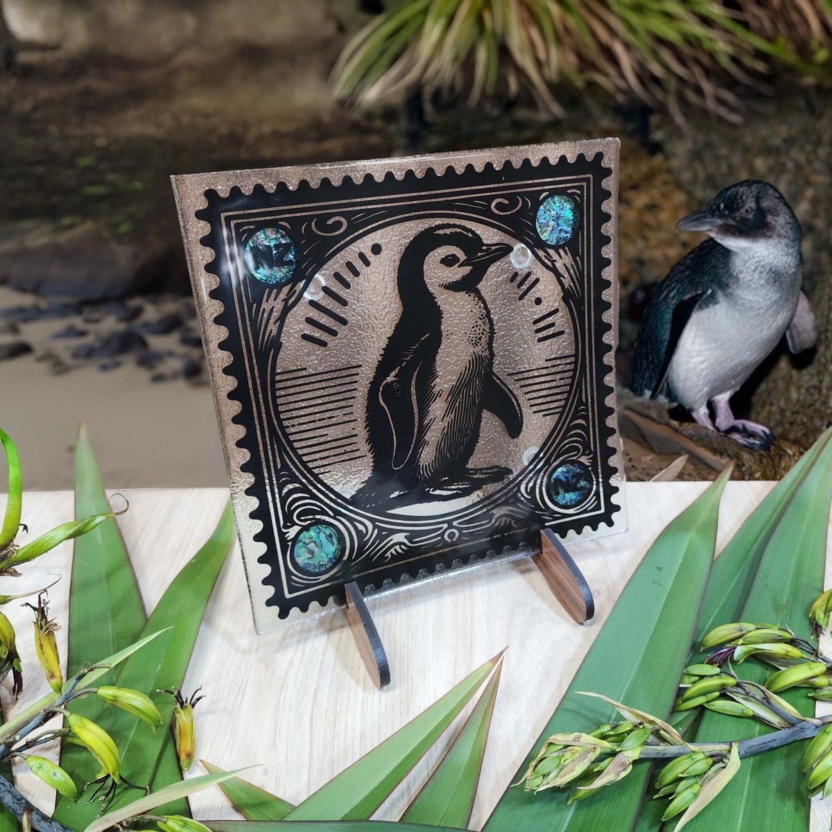 Stamp Range - Little Penguin w/Paua Medium Square 200x200mm - Fiery Creations Ltd