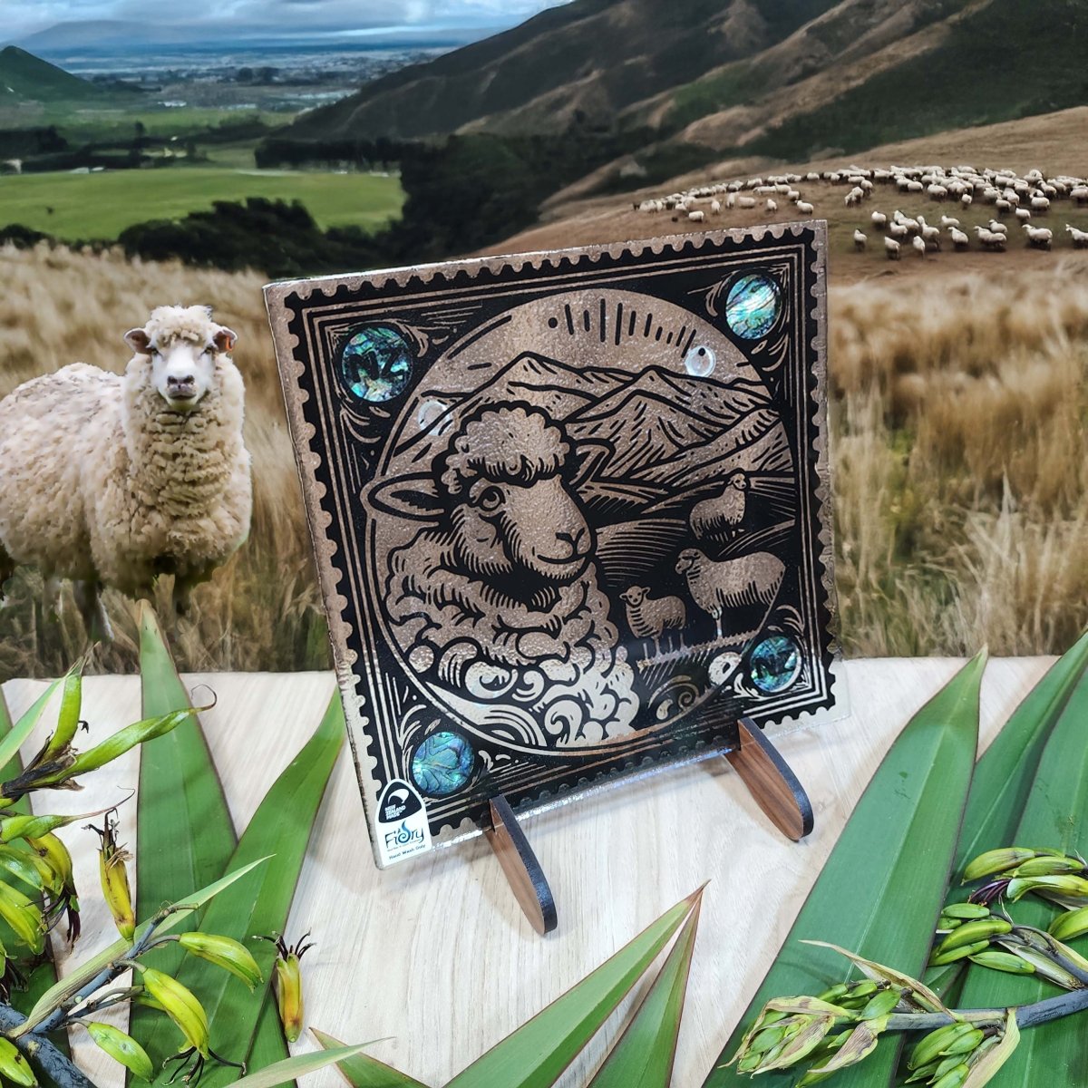 Stamp Range - Sheep w/Paua Medium Square 200x200mm - Fiery Creations Ltd