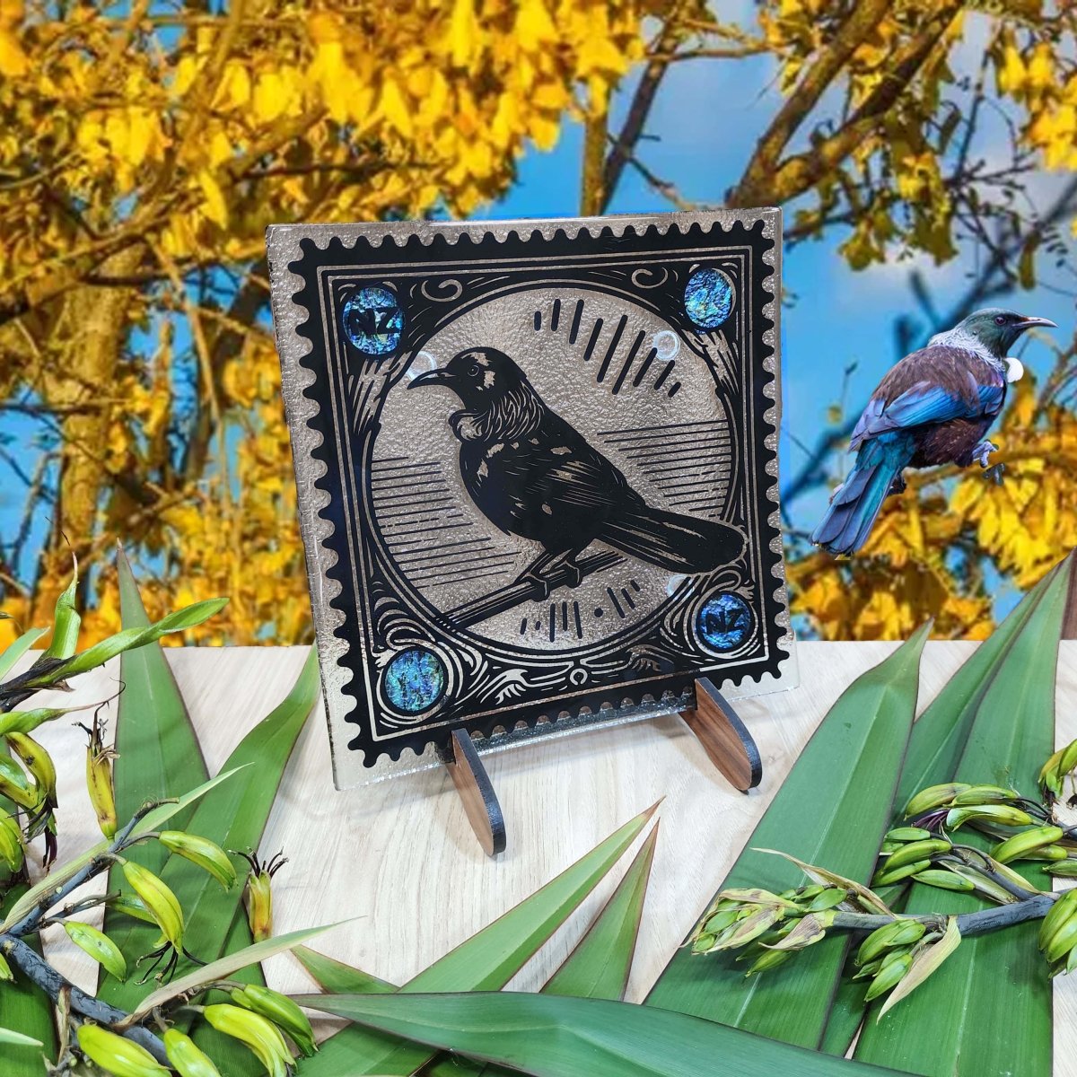 Stamp Range - Tui w/Paua Medium Square 200x200mm - Fiery Creations Ltd