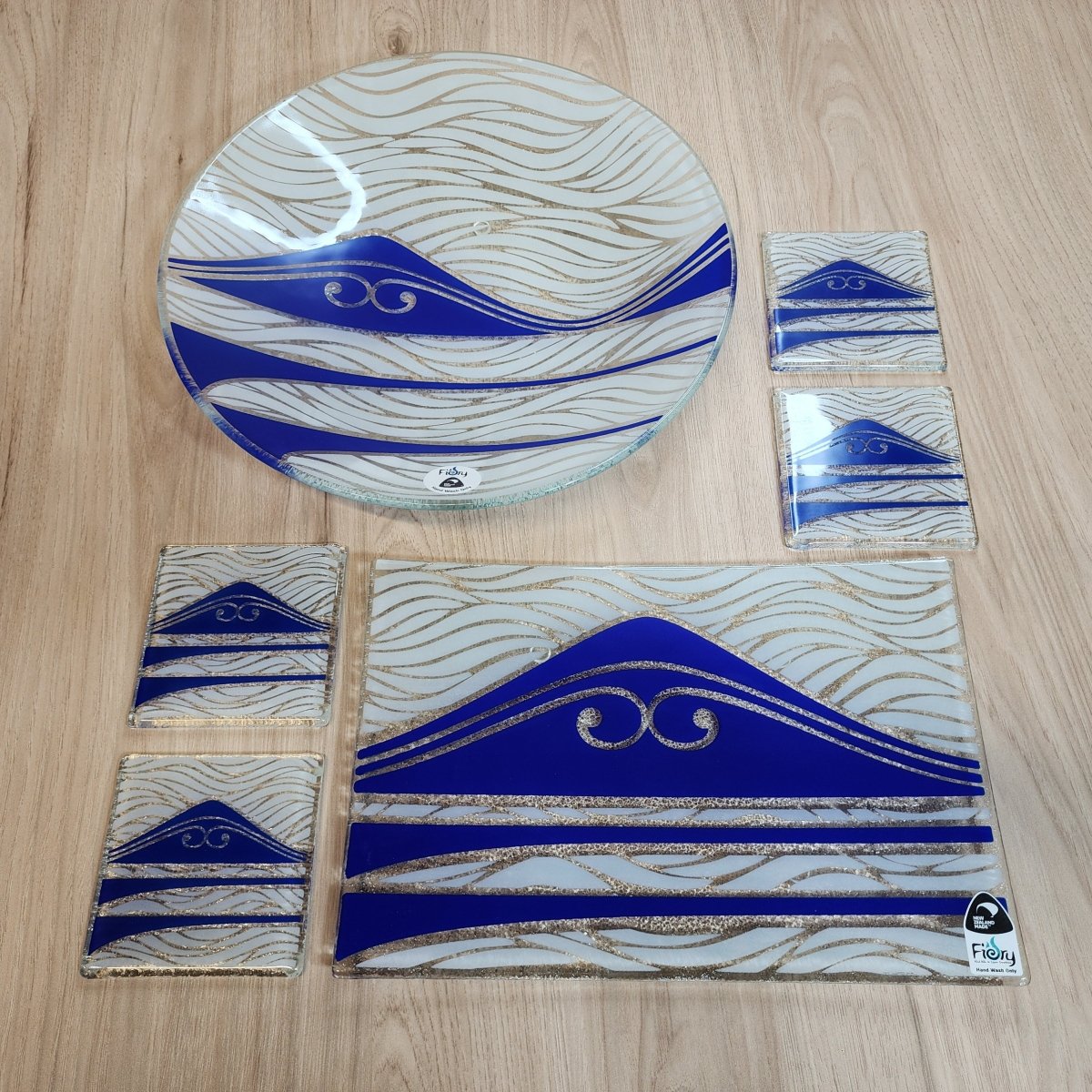 Te Maunga Glass Tableware Set Blue/White - Bowl, Platter & Coaster Set w/stands - Fiery Creations Ltd