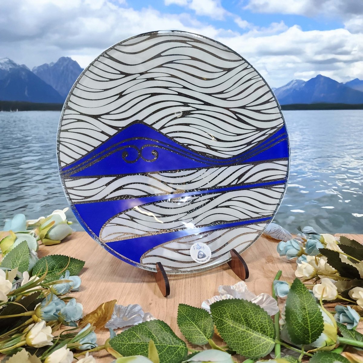 Te Maunga Glass Tableware Set Blue/White - Bowl, Platter & Coaster Set w/stands - Fiery Creations Ltd