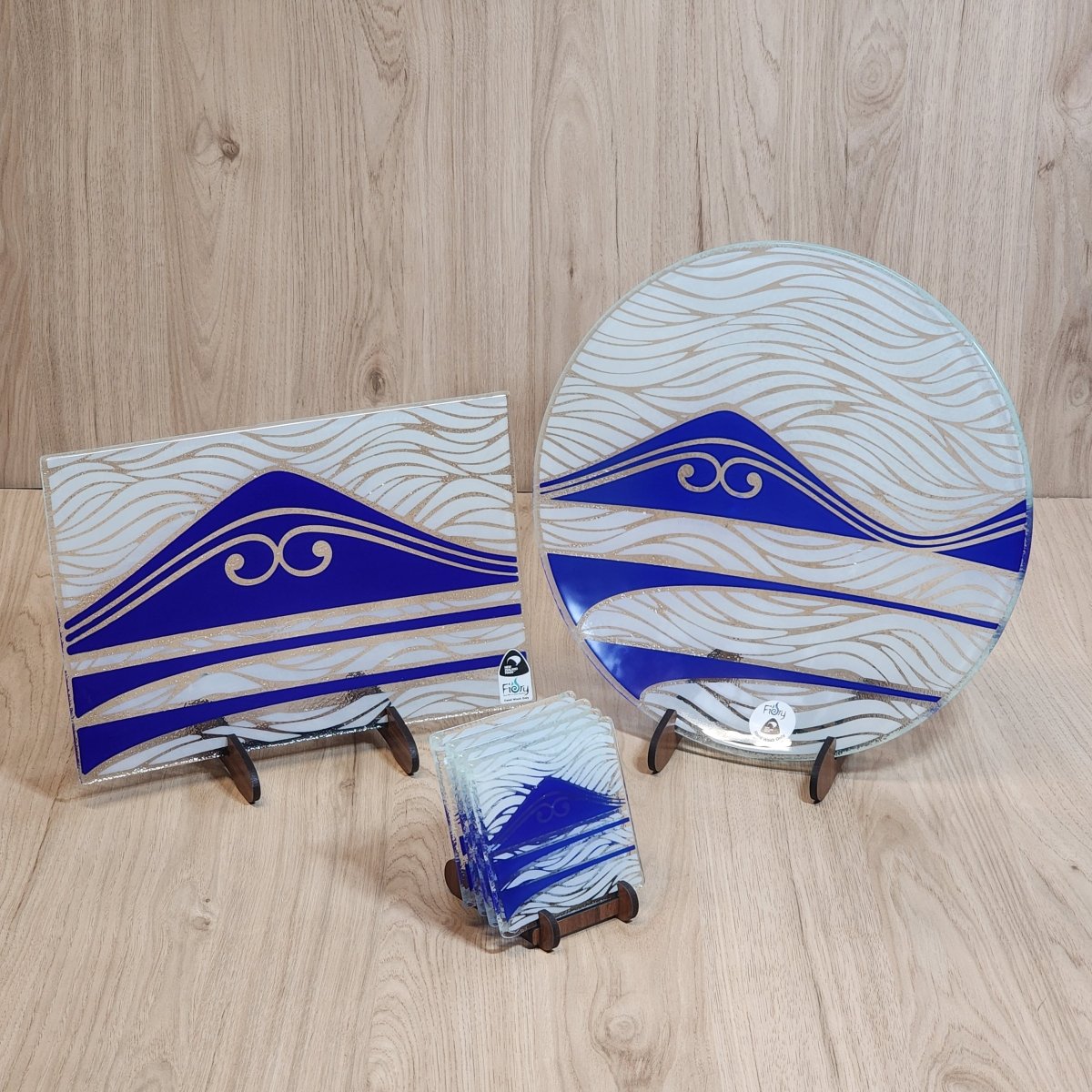 Te Maunga Glass Tableware Set Blue/White - Bowl, Platter & Coaster Set w/stands - Fiery Creations Ltd