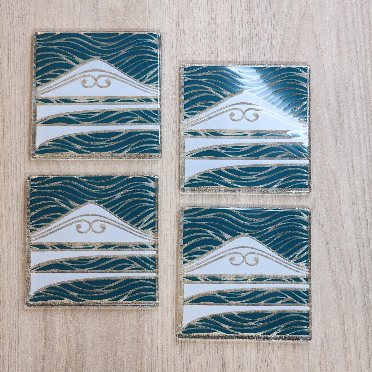 Te Maunga Teal/Pearl Glass Coasters - Pack of 4 - Fiery Creations Ltd