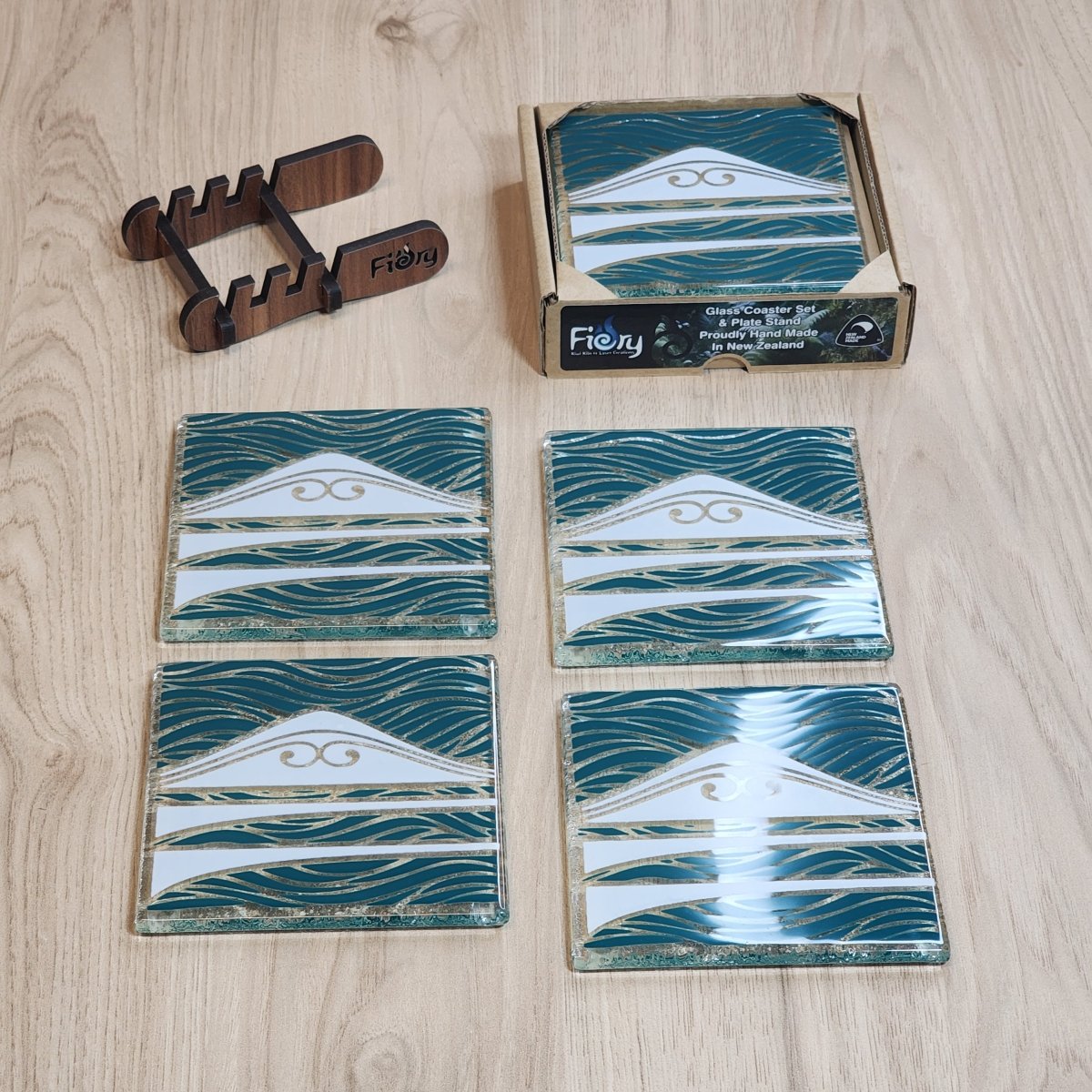 Te Maunga Teal/Pearl Glass Coasters - Pack of 4 - Fiery Creations Ltd