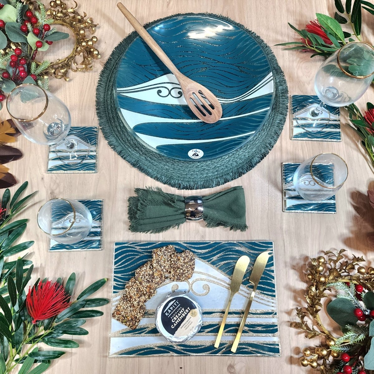 Te Maunga Teal/Pearl Glass Coasters - Pack of 4 - Fiery Creations Ltd