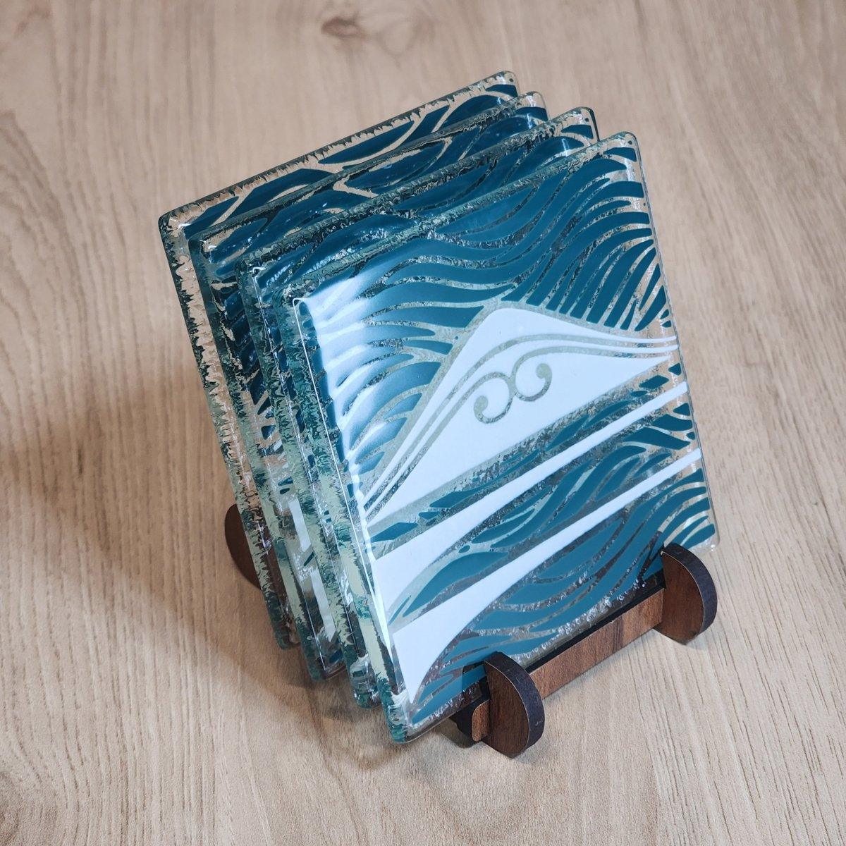 Te Maunga Teal/Pearl Glass Coasters - Pack of 4 - Fiery Creations Ltd