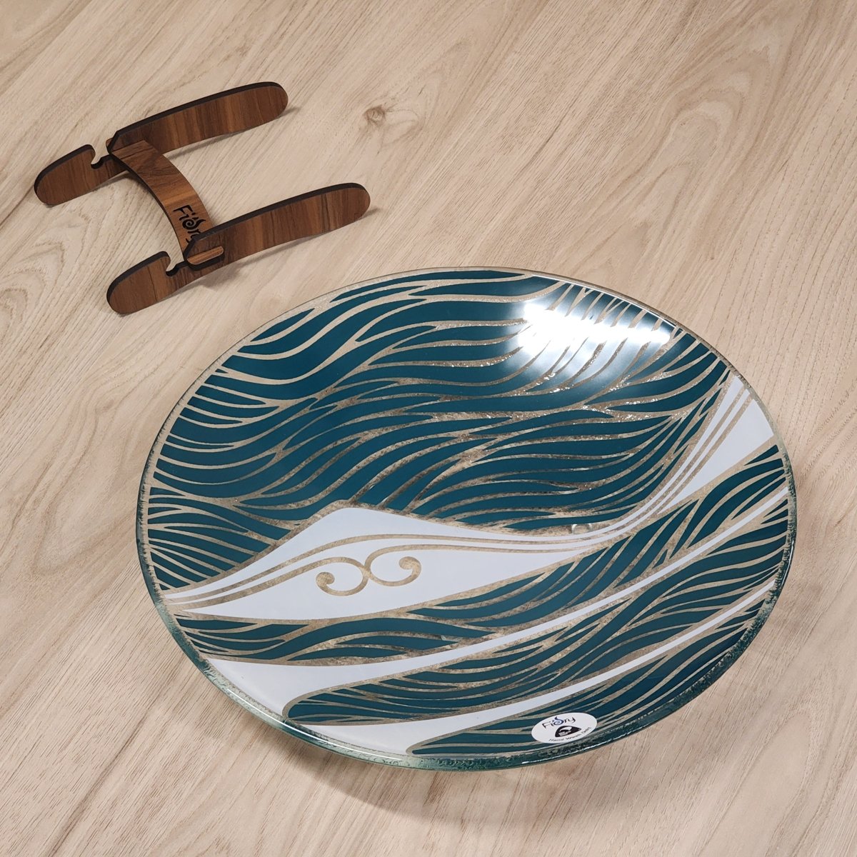 Te Maunga Teal/Pearl Medium Bowl 310mm round w/stand - Fiery Creations Ltd