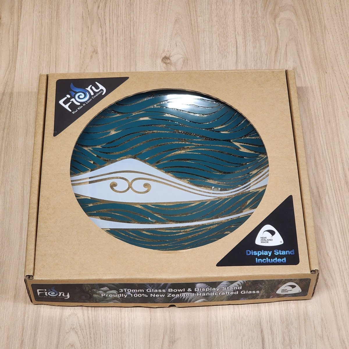 Te Maunga Teal/Pearl Medium Bowl 310mm round w/stand - Fiery Creations Ltd