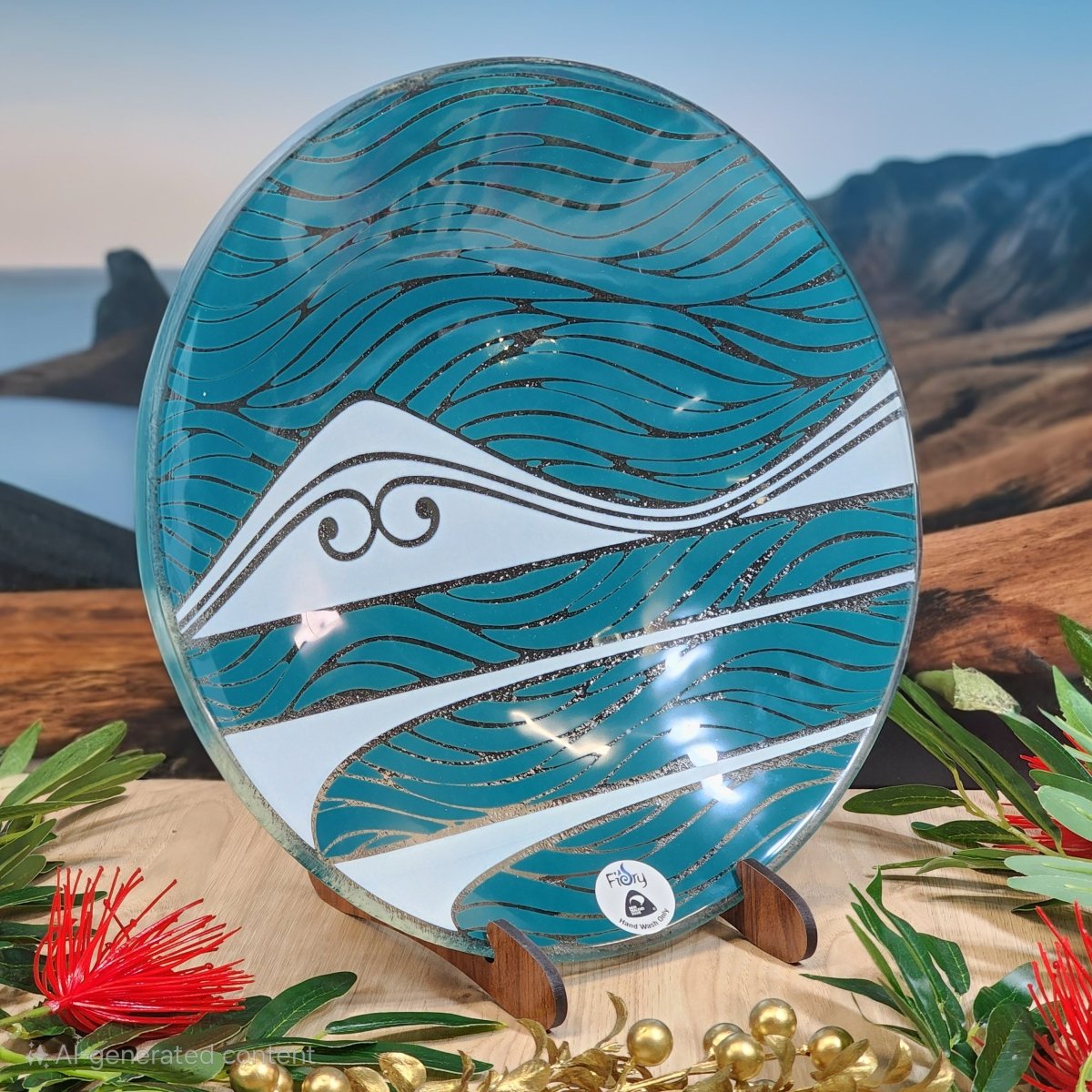 Te Maunga Teal/Pearl Medium Bowl 310mm round w/stand - Fiery Creations Ltd