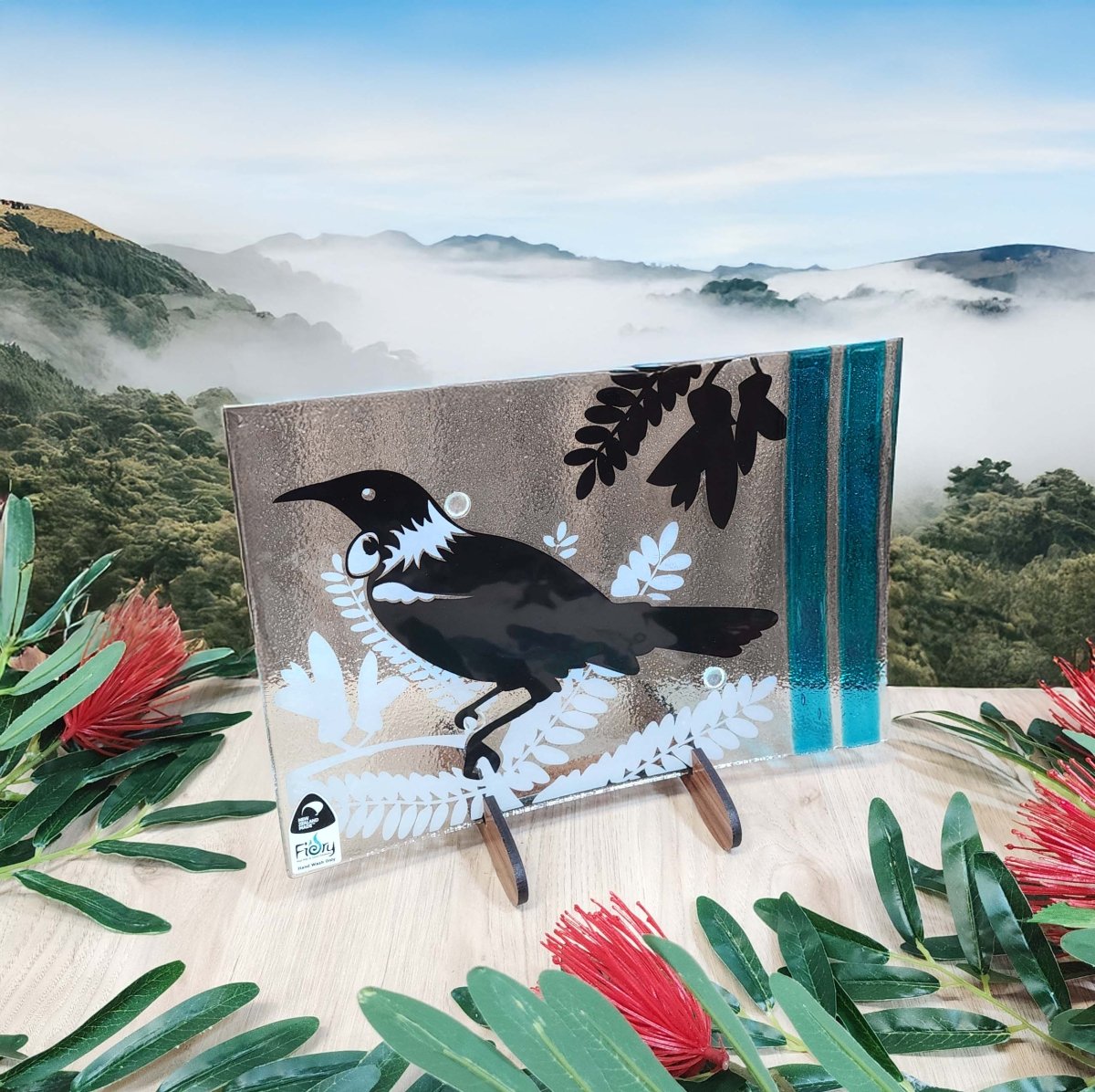 Tui and the Kowhai Tree - Medium Rectangle 300x200mm w/stand - Fiery Creations Ltd