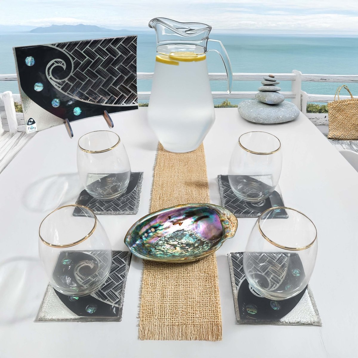 Plate Koru NZ Made Glass Paua Platter/Plate Koru Kete - Blk w/stand w/stand – Form ...