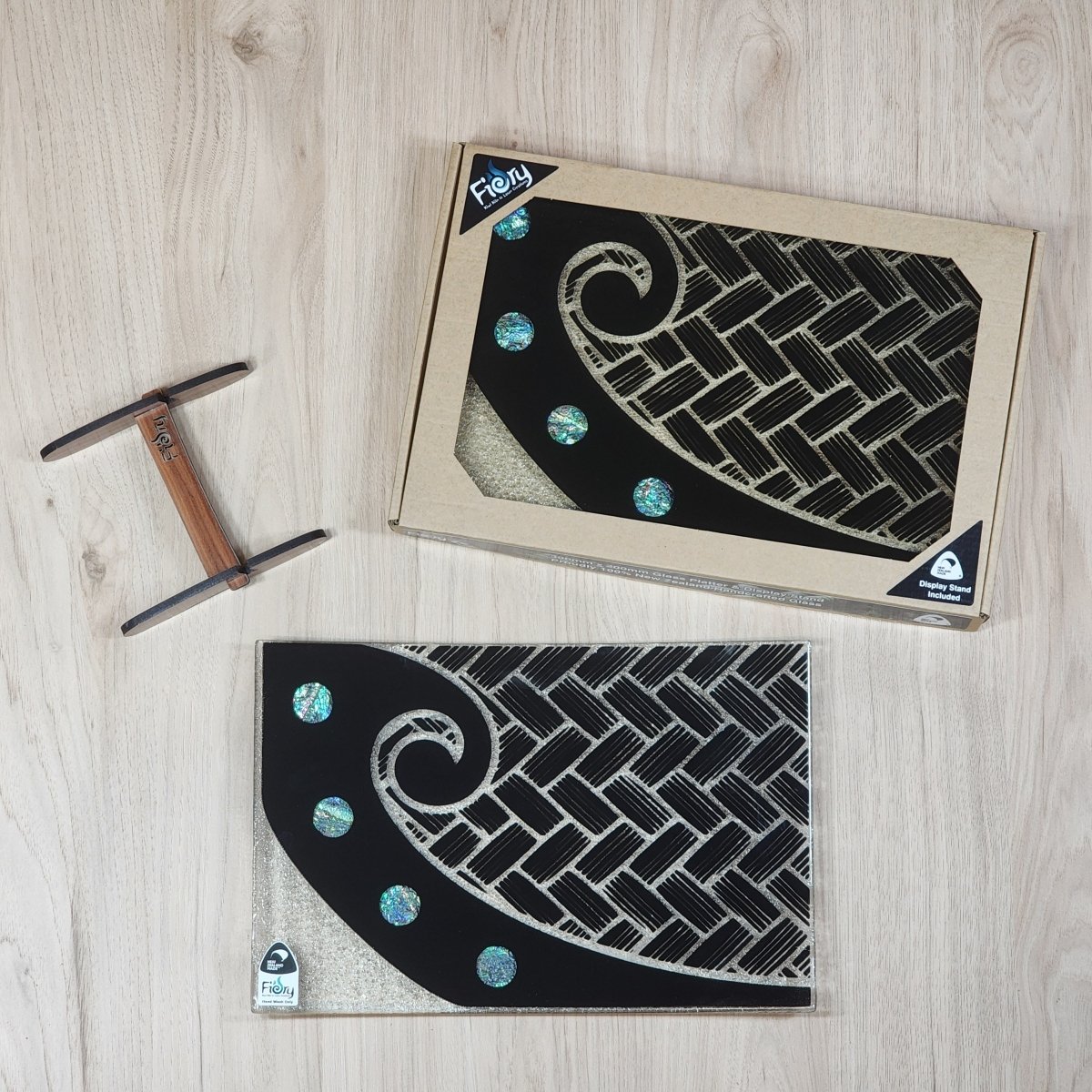 Plate Koru NZ Made Glass Paua Platter/Plate Koru Kete - Blk w/stand w/stand – Form ...