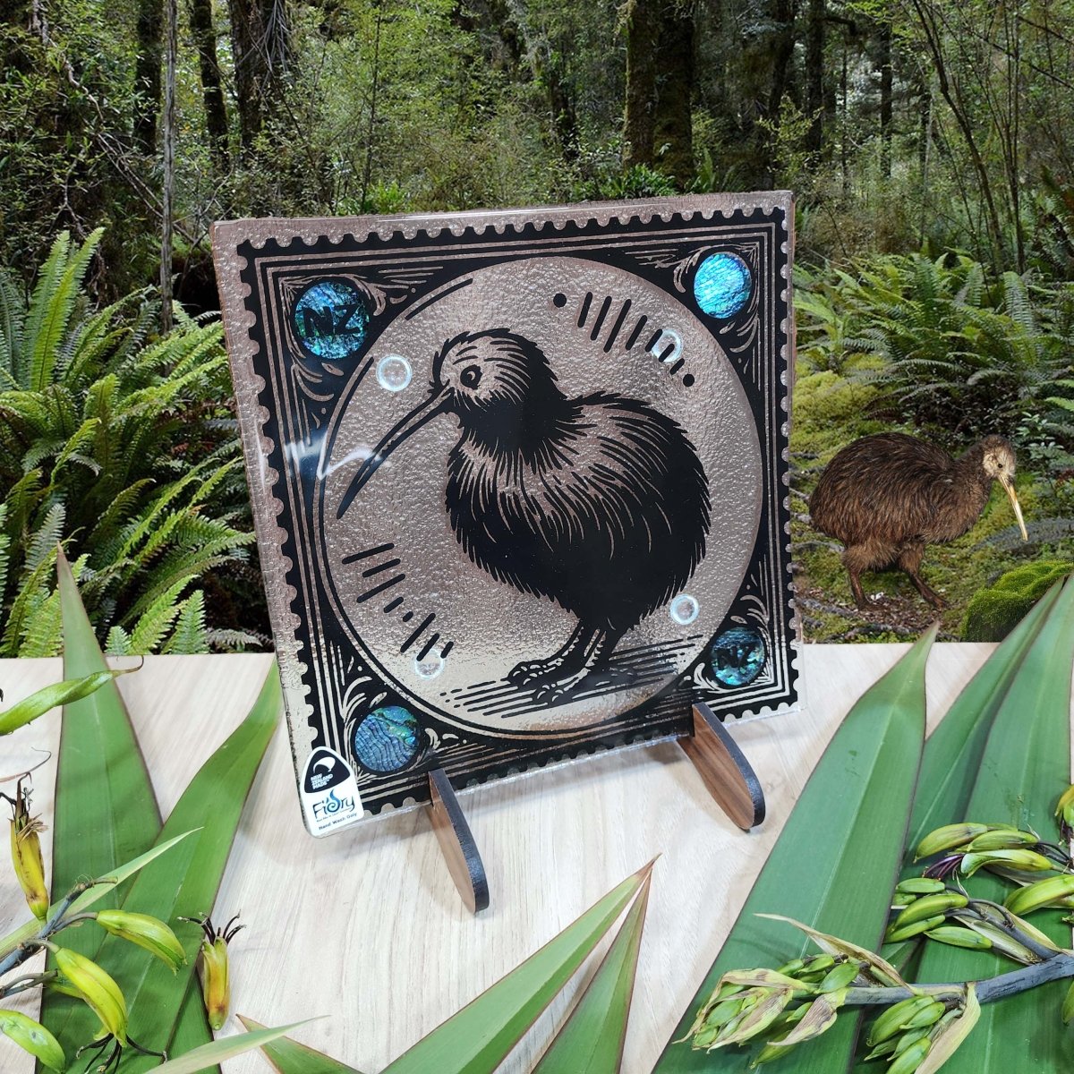 Stamp Range - Kiwi w/Paua Medium Square 200x200mm - Fiery Creations Ltd