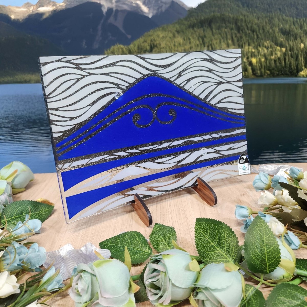 Te Maunga Glass Tableware Set Blue/White - Bowl, Platter & Coaster Set w/stands - Fiery Creations Ltd