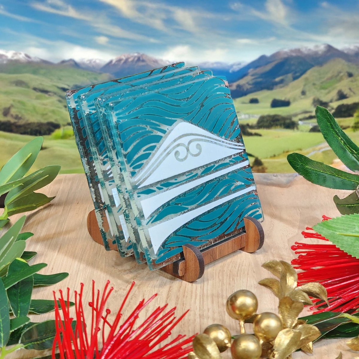 Te Maunga Teal/Pearl Glass Coasters - Pack of 4 - Fiery Creations Ltd
